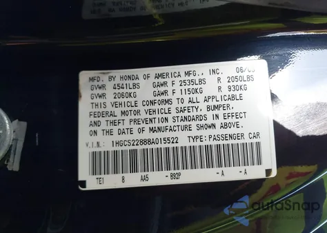 2008 Honda Accord 3.5 Ex-L из США, поврежденный, VIN 1HGCS22888A015522